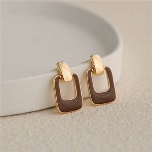 Geometric Square Alloy Drop Earrings  Red Coffee Color Jewelry Hollow Drip Oil