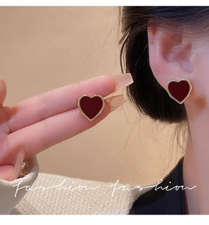Red Big Heart Stud Earrings Color Love Drop Glaze Aesthetic Jewelry