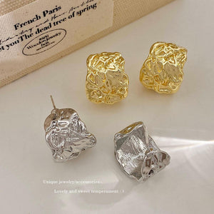 Irregular Wrinkled  C-Shape Hoop Earrings  Metal Tinfoil Texture Circular Design