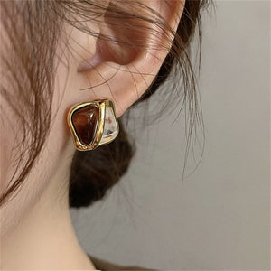 Caramel Resin Square Stud Earrings Statement Metal Waterproof Stylish Jewelry